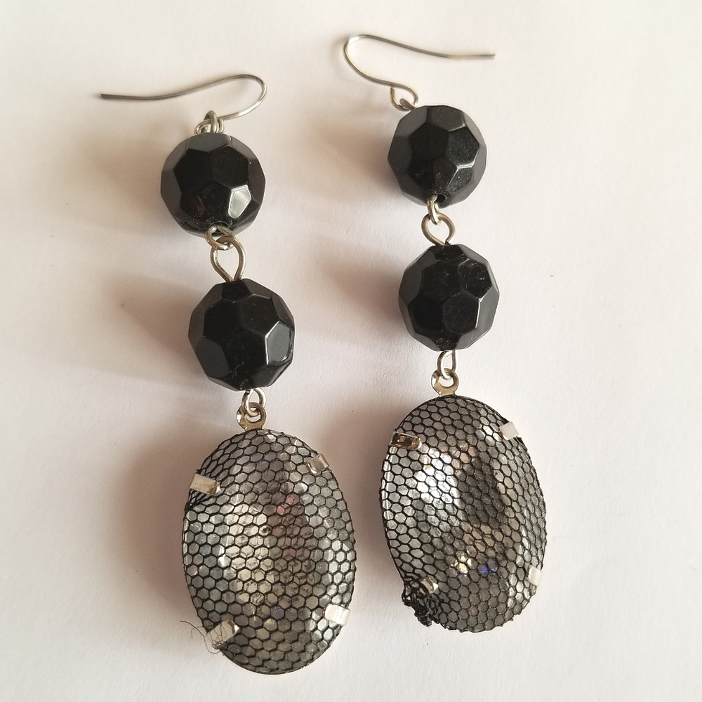 Dangly rhinestones and beads earrings black silver tone hook earwires